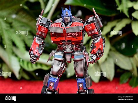 An Optimus Prime figurine appears at the premiere of "Transformers ...