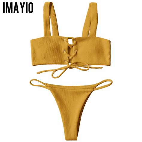 Imayio Ribbed Bikini Set Women Sexy Swimsuit Woman Wide Straps