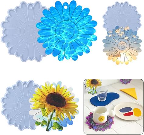 Koonafy 3 Pcs Sunflower Resin Coaster Molds Flower Coaster Silicone