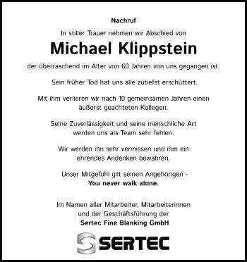 Traueranzeigen Von Michael Klippstein Wirtrauern