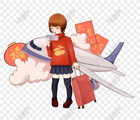 Spring Festival Characters And Airplane Illustration PNG Transparent ...