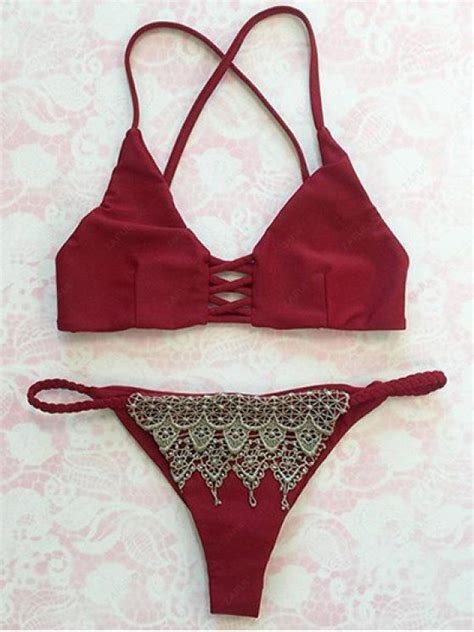 Off Lace Panel Cami Bikini Set In Red Zaful