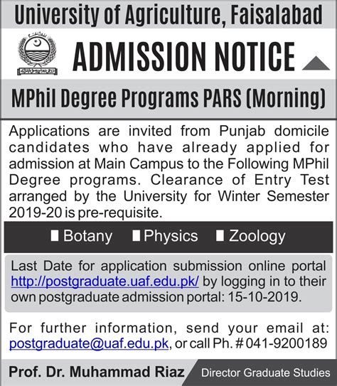 University Of Agriculture Faisalabad Pakistan Postgraduate Admissions