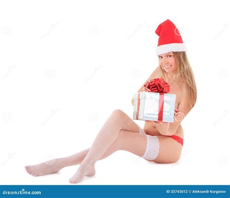 Beautiful Nude Santa Woman With Gift Stock Photo Image Of Babe Portrait