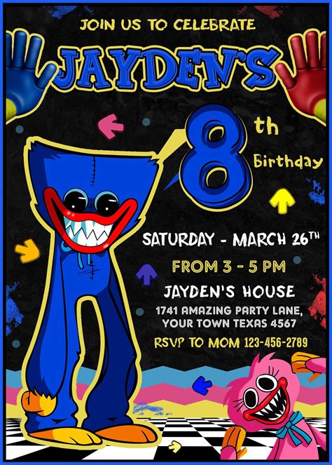 Terrific Huggy Wuggy Birthday Invitation With A Free Backside Included