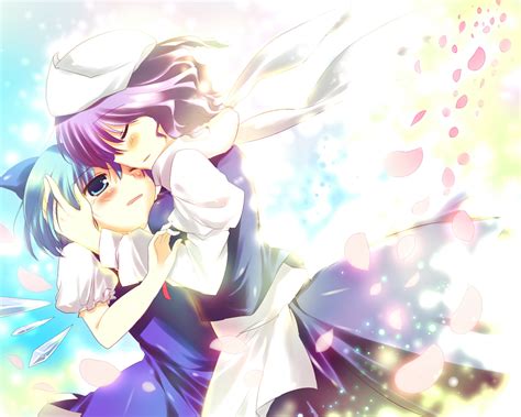 2girls Blue Eyes Blue Hair Blush Cirno Fairy Hat Hug Letty Whiterock