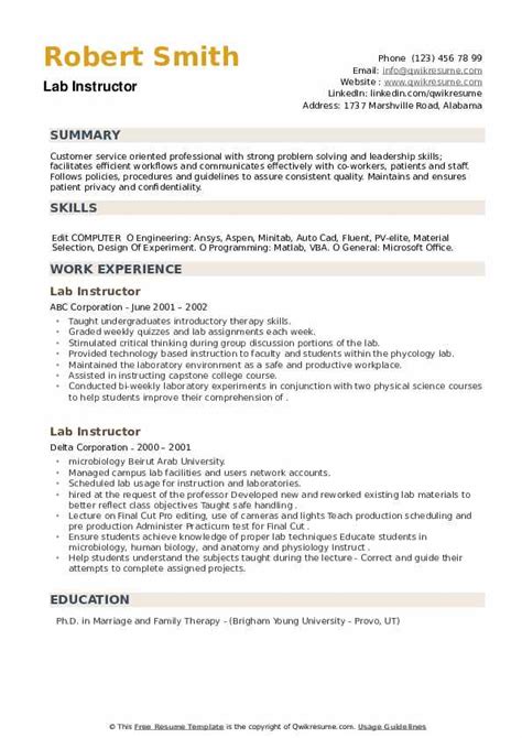 Lab Instructor Resume Samples Qwikresume