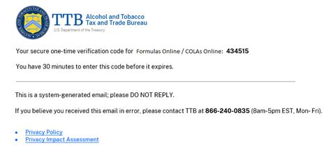 TTBGov - Formulas Online and COLAs Online: One-time Verification Code 
