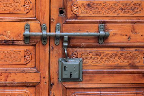 Antique Carved Wooden Door With Lock And Handle Stock Image Image Of