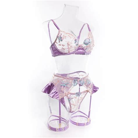 High Quality Women Hot Sexy Lingerie Underwear Set Purple Floral Embroidery Sheer Bra G String
