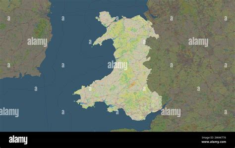 Wales - Great Britain highlighted on a topographic, OSM standard style ...