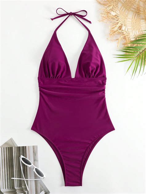 Shein Swim Basics Solid Halter One Piece Swimsuit Shein Usa