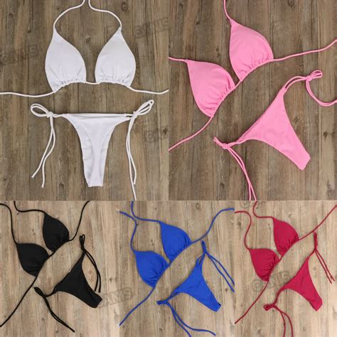 Summer Sexy Solid Mirco Bikini Sets Women Tie Side G String Thong