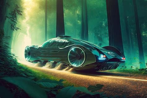 Premium Ai Image Futuristic Car Speeding Through Dense Forest With