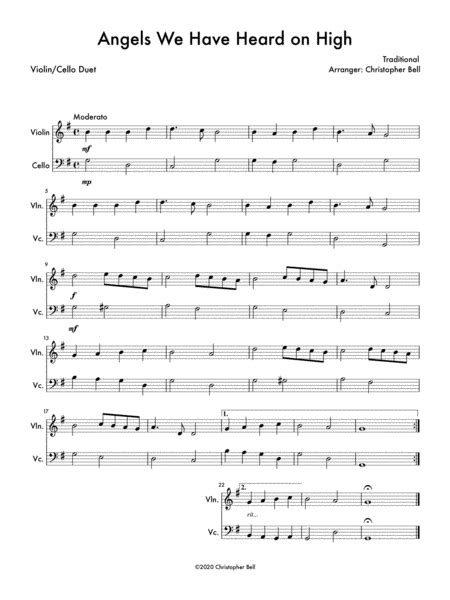 Angels We Have Heard On High Easy Violin Cello Duet Sheet Music Traditional Instrumental Duet