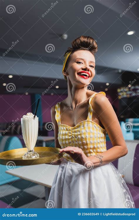 Joyful Pin Up Waitress With Tattoo Stock Image Image Of Joyful