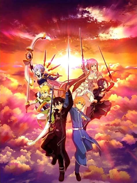 An Anime Poster With Four People Standing In The Clouds And One Holding