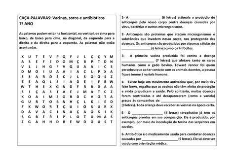 Passatempos Em Ci Ncias E Meio Ambiente Ca A Palavras Vacinas E