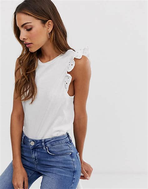 River Island Top With Broderie Frill Sleeves In White Asos