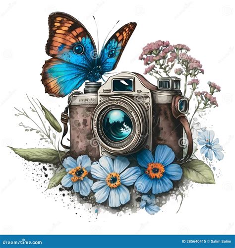 Watercolor Camera With Flowers Sketch Wildflowers Stock Illustration