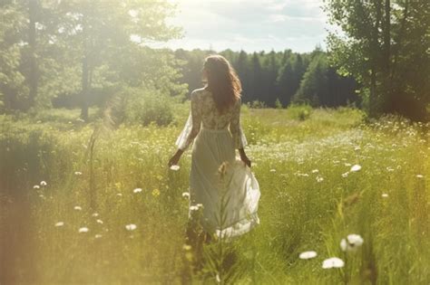 Una Mujer Camina Por Un Campo De Flores Foto Premium