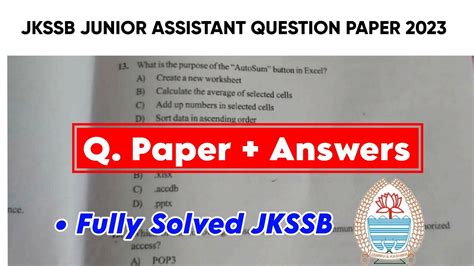 JKSSB Junior Assistant Question Paper 2023 Answer Key Fully Solved