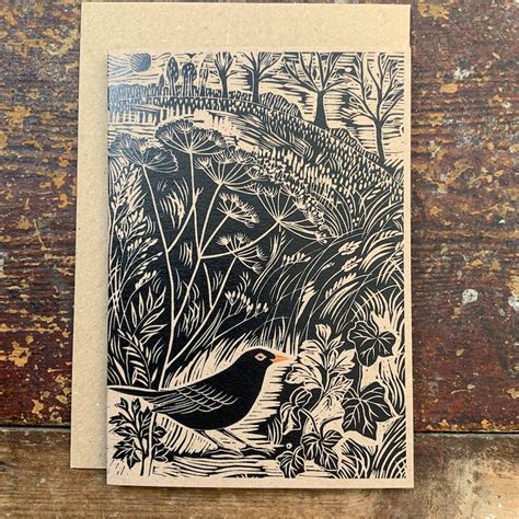 Linocut Print Blackbird Greeting Card Bird Birthday Etsy Uk