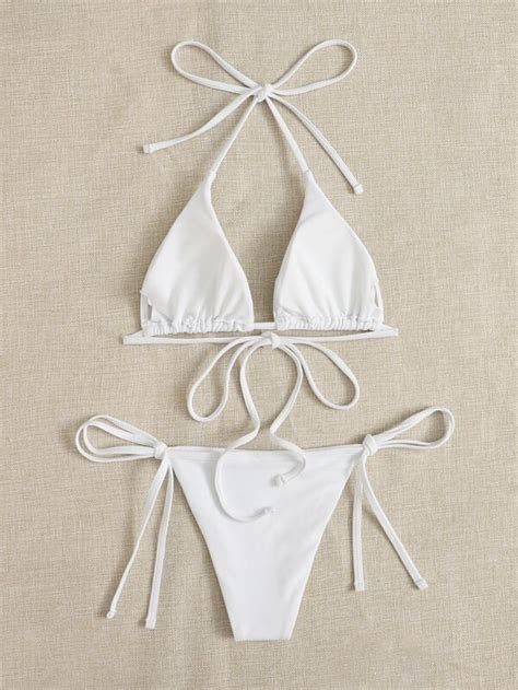 SHEIN Swim Basics Solid Triangle Tie Side Bikini Swimsuit SHEIN UK