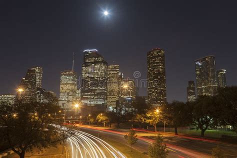 Houston Skyline at Night with Highway Traffic Stock Image - Image of ...