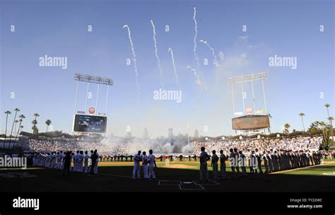 Fireworks are seen during introductions before the game between the San ...