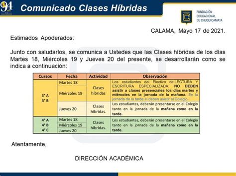 Comunicado Clases H Bridas Colegio Chuquicamata