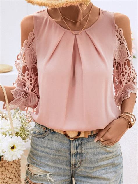 Shein Clasi Contrast Guipure Lace Cold Shoulder Blouse Shein Usa