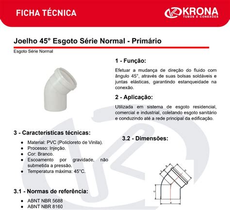 Ficha Técnica Joelho 45 Esgoto Série Normal Primário Krona