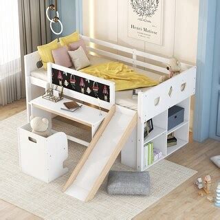 Twin Size Wood Loft Bed with Slide and 4 Built-In Cabinets, Blackboard ...