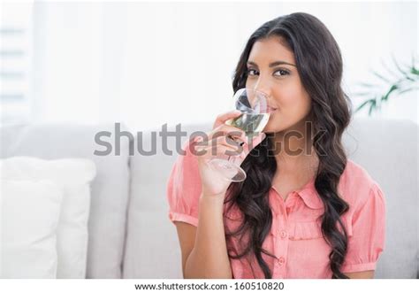 Happy Cute Brunette Sitting On Couch Stock Photo Shutterstock