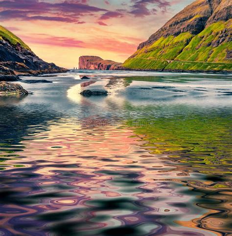 Majestic Summer Sunrise On Tjornuvik Beach Faroe Islands With