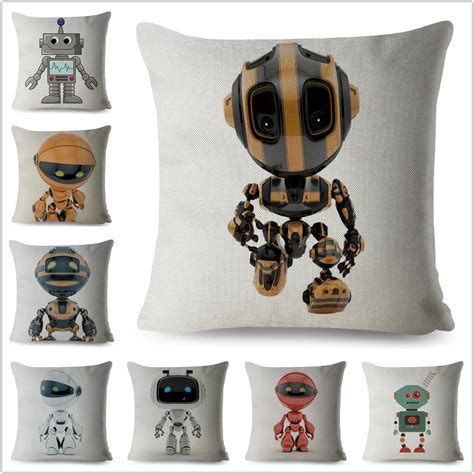 Cartoon Robot Print Throw Pillow Case 4545cm Square Sofa Cushion Cover