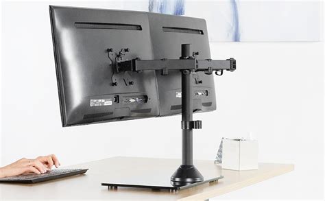 Vivo Freestanding Black Dual Monitor Stand With Sleek Glass Base And