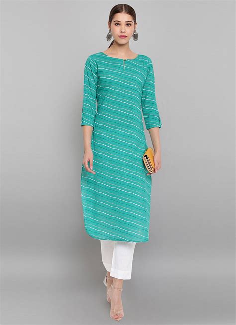 Shop Turquoise Cotton Festival Party Wear Kurti Online 247506