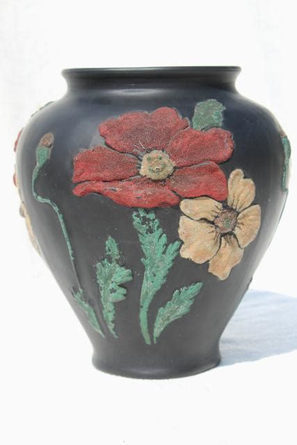 Art Deco Vintage Tiffin Glass Vase Black Satin Puffy Glass W Coralene Poppies Floral