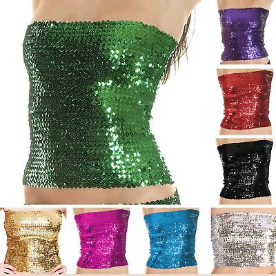 Sequin Stretch Hat Tube Top Glitter Disco Retro Sparkly Boob Bandeau