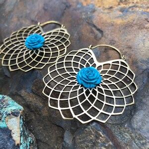 Brass And Turquoise Flower Geometrical Earrings Boho Earrings Belly