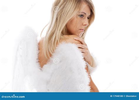 Het Droevige Blonde Engel Stellen Op Wit Stock Foto Image Of Engel Leuk