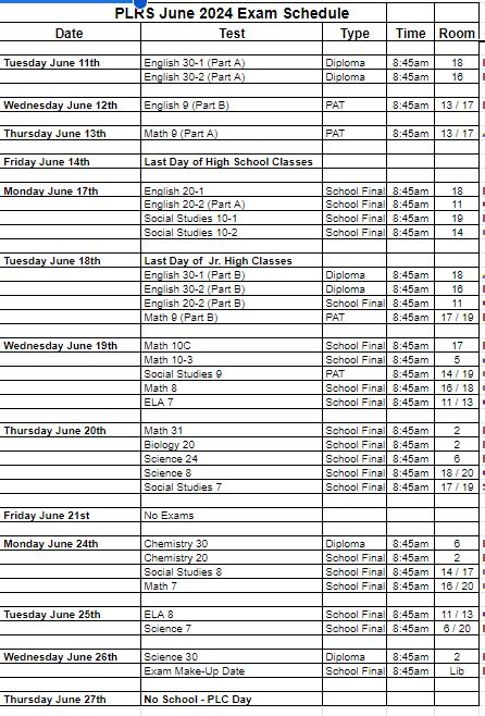 Exam Schedule | Pigeon Lake Regional School