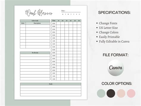 Work Planner, Printable Planner, Instant Download, Work Schedule ...