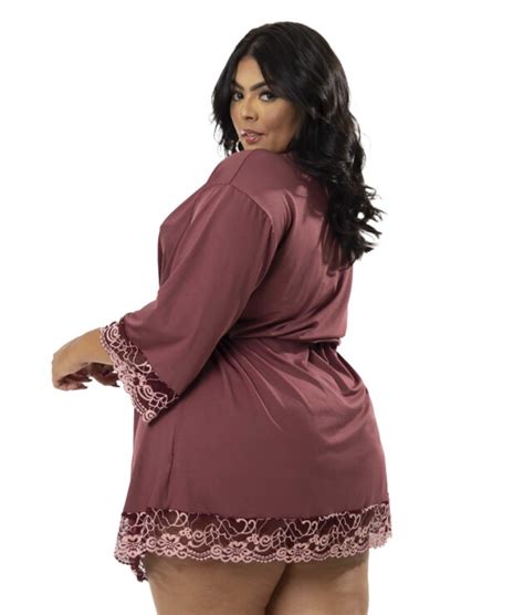 Robe Plus Size De Microfibra Renda Bicolor Click Sophia