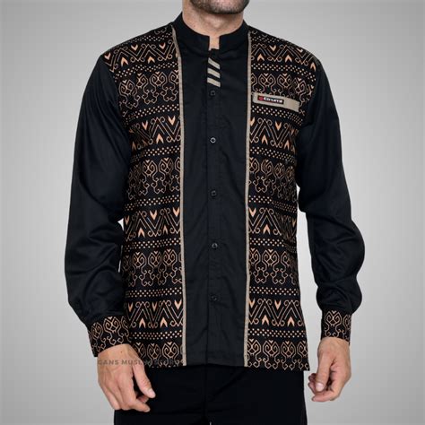 Jual Baju Koko Pria Lengan Panjang Warna Hitam Motif Batik Toraja