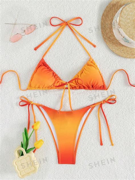 SHEIN Swim Summer Beach Ombre Halter Triangle Tie Side Bikini Set Bathing Suit SHEIN