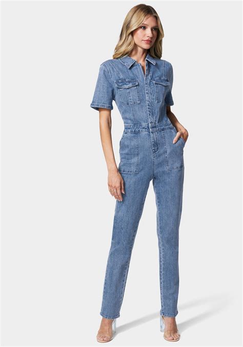 Bebe Straight Leg Zip Front Denim Jumpsuit In Blue Lyst UK