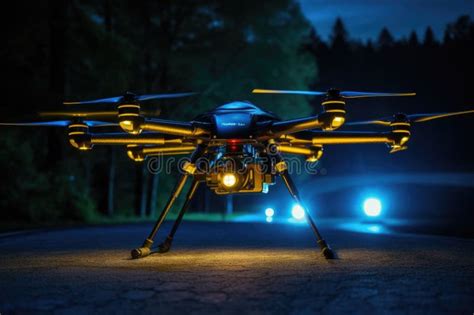 Night Shot Of Drone With Illuminated Navigation Lights Stock